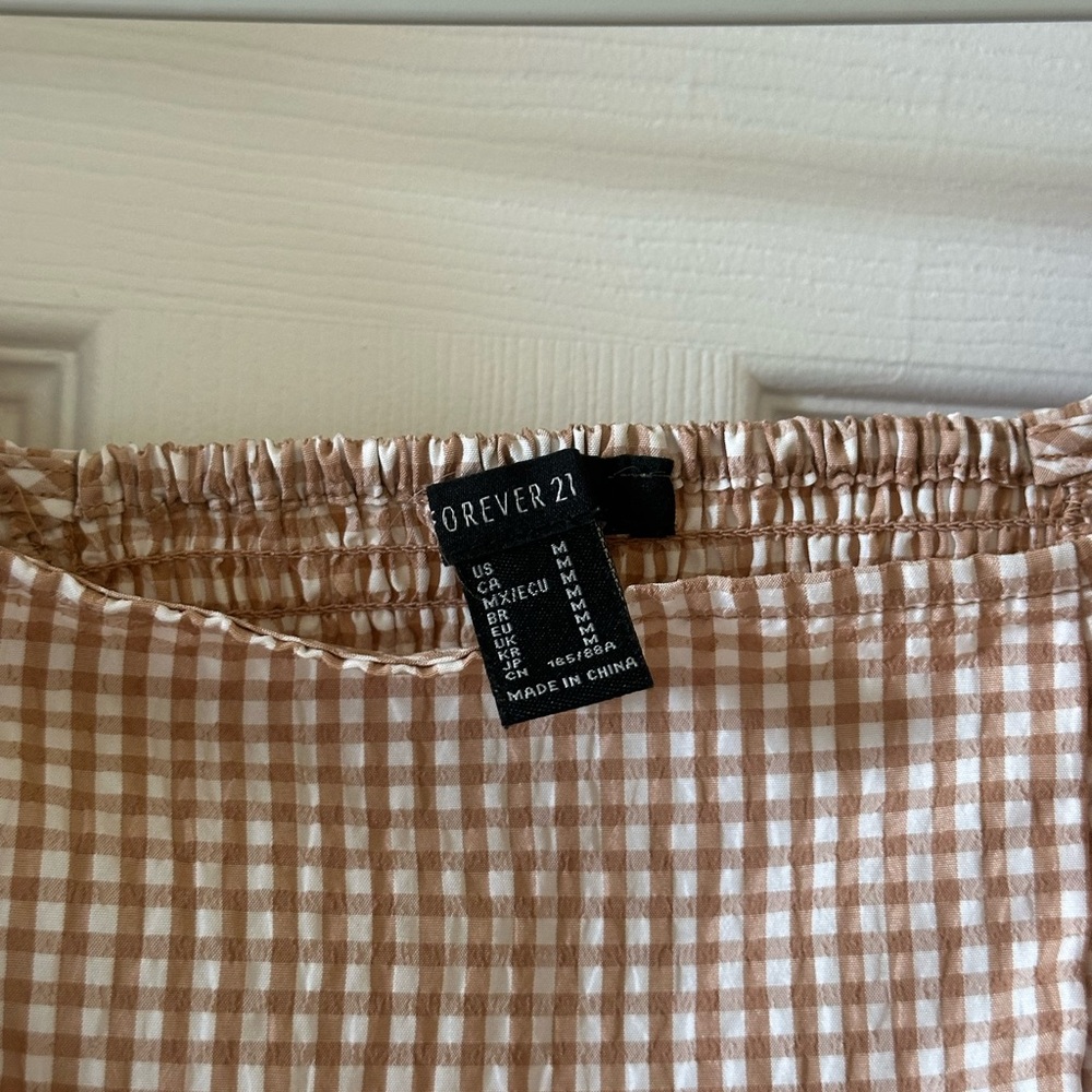 Forever 21 Gingham Puff-Sleeve Tiered Mini Dress - Beige & White - Picture 6 of 7